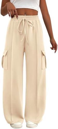 BTFBM Women's Running Sweatpants Fall Baggy Wide Leg Lounge Pants Casual Workout Joggers Pants with Pockets (XS, Beige)