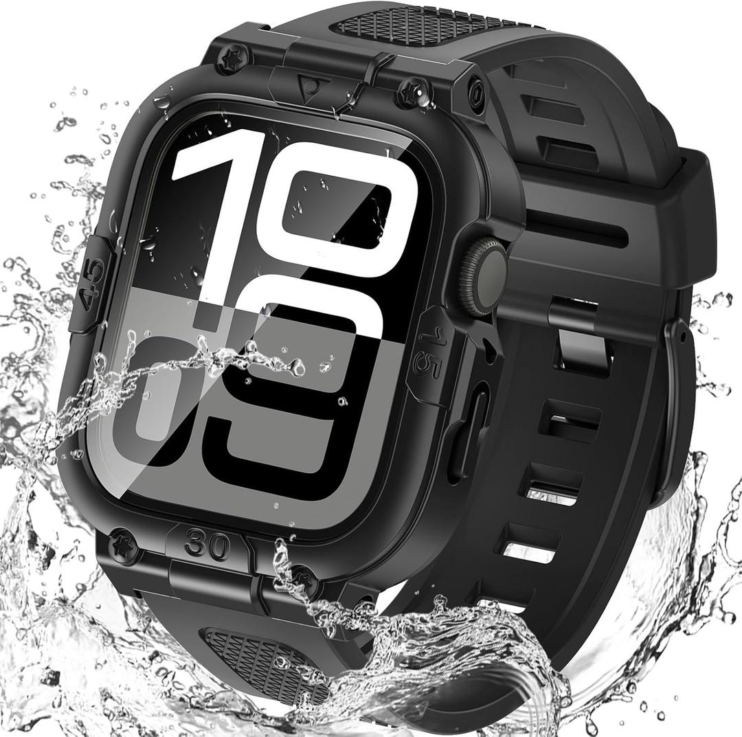 Goton 3 in 1 Waterproof Case and Band with Tempered Glass Screen Protector for Apple Watch Series 10 9 8 7 6 5 4 SE2 SE Ultra 46mm 42mm 44mm 40mm 45mm 41mm 49mm, Bumper Cover for iWatch Accessories (42mm Series 10, Black)