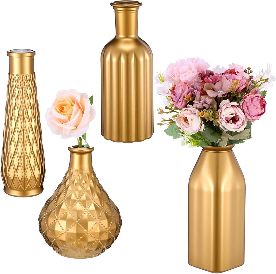 Set of 4 Gold Flower Vases - Small Gold Vases for Centerpieces, Elegant Glass Decorative Bud Vase for Wedding, Home, Table Decor with Vintage Golden Finish