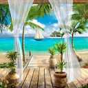 Jdayda Tropical Beach Seascape Wallpaper Mural Blue Seawater Palm Tree Wall Mural for Bedroom Livingroom(Not Self-Adhesive),127" x 96"