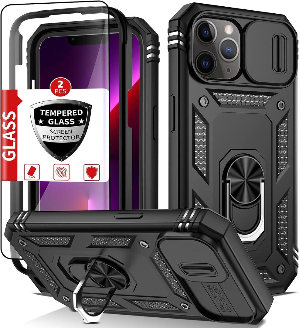 Compatible with iPhone 13 Pro Case with 2 Tempered Glass Screen Protectors,Built-in 360Kickstand Ring with Camera Cover Shockproof Military Grade Drop Heavy Duty Protection Phone Bumper Black