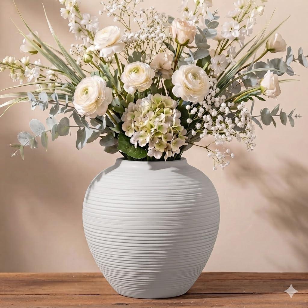 7" Short White Ceramic Vase, Small Farmhouse Ribbed Table Decor