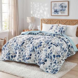 Quilt Set Quilted Bedspread Reversible Lightweight Floral Printed Oversized Quilted Bedding Set with Shams 2pc, Twin Size, Navy Blue