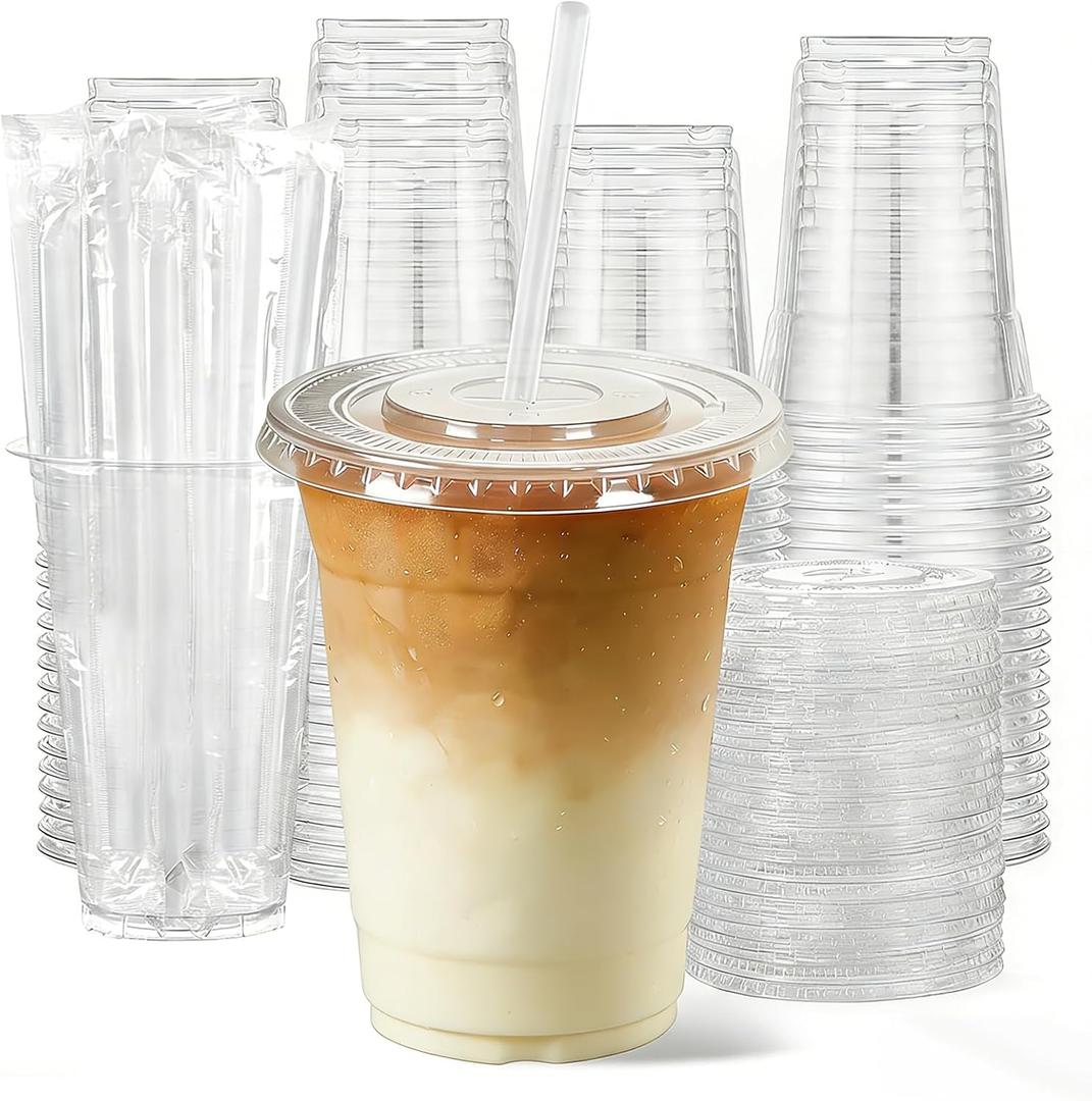 100 Pack 12oz Clear Plastic Cups with Lids and Straws, [Leak-Proof & Snug Fit] Disposable Iced Coffee Cups for Smoothies, Bubble Tea and Cold Drinks, BPA Free Crystal Clear PET Tumblers