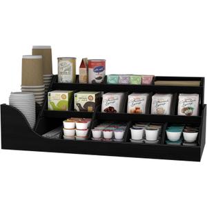 Suli Exact Large Coffee Station Organizer,Wooden Countertop Pods Holder with Drawer,Storage for Condiment Syrup Tea Cups,Rustic Bar Decor for Accessories Organizer (3 Tiers 18 Compartments)Black