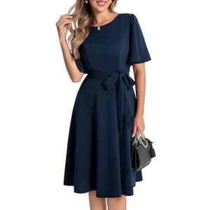 Bbonlinedress Women Midi Vintage Cocktail Party Tea Dress Short Sleeve Formal Wedding Guest Church Modest Dress Navy, S