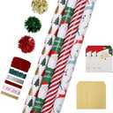 LaRibbons Christmas Wrapping Paper Sets, Reindeer & Santa & Candy Cane Stripes Design with Ribbons & Gift Tags & Metallic Pom Pom for Christmas, Holiday, 30Inch × 10Feet（ 4 Rolls: 100 Sq.Ft.Ttl）