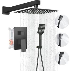 Shower Head Matte Black, Shower Faucet Set Bathroom Shower System with 8 inch Square Rain Shower Head Wall Mounted with 3-Setting Handheld Spray, Rainfall Shower Combo Set