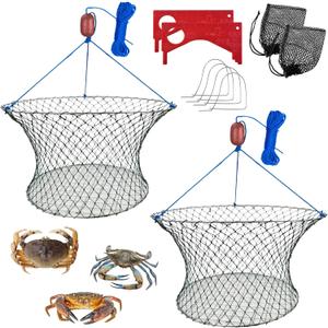 Double Ring Crab Trap - Steel Ring Crab Net, 24" Top, 20" Bottom, 50' Rope, Clip, Gauge for Dungeness, Rock and Blue Crab, Large