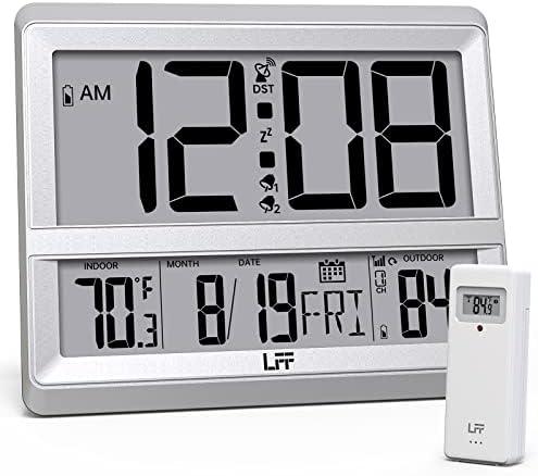 LFF Atomic Clock Large Display, Digital Wall Clock with Indoor Outdoor Temperature and Date, Wireless Outdoor Sensor, Digital Desk Alarm Clock Battery Operated for Bedroom, Easy to Read, Sliver