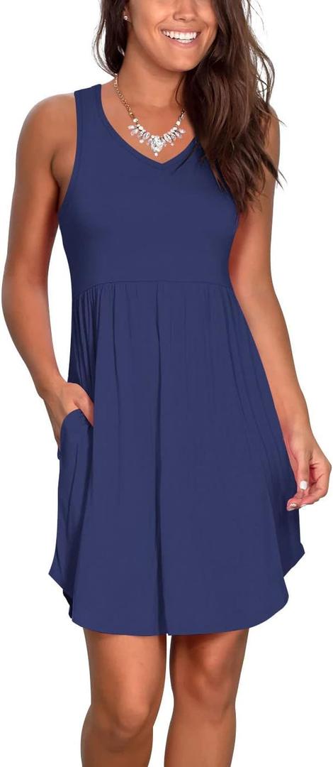 Atizon Casual Summer T Shirt Dress for Women V Neck Swing Elastic Tunic Short Sundress with Pockets (Large, 1 Dark Blue)