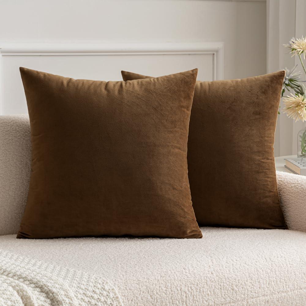 MIULEE Pack of 2 Chocolate Velvet Throw Pillow Covers 16x16 Inch Soft Solid Decorative Square Set Cushion Cases for Couch Sofa Bedroom