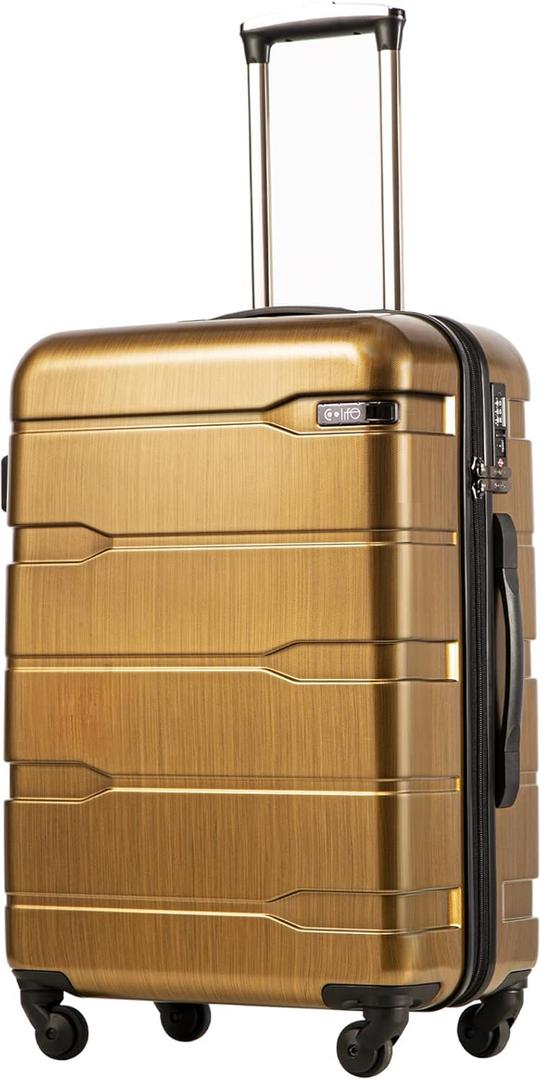 Coolife Luggage Expandable(only 28") Suitcase PC+ABS Spinner Built-In TSA lock 20in 24in 28in Carry on (Black brown, S(20in_carry on))
