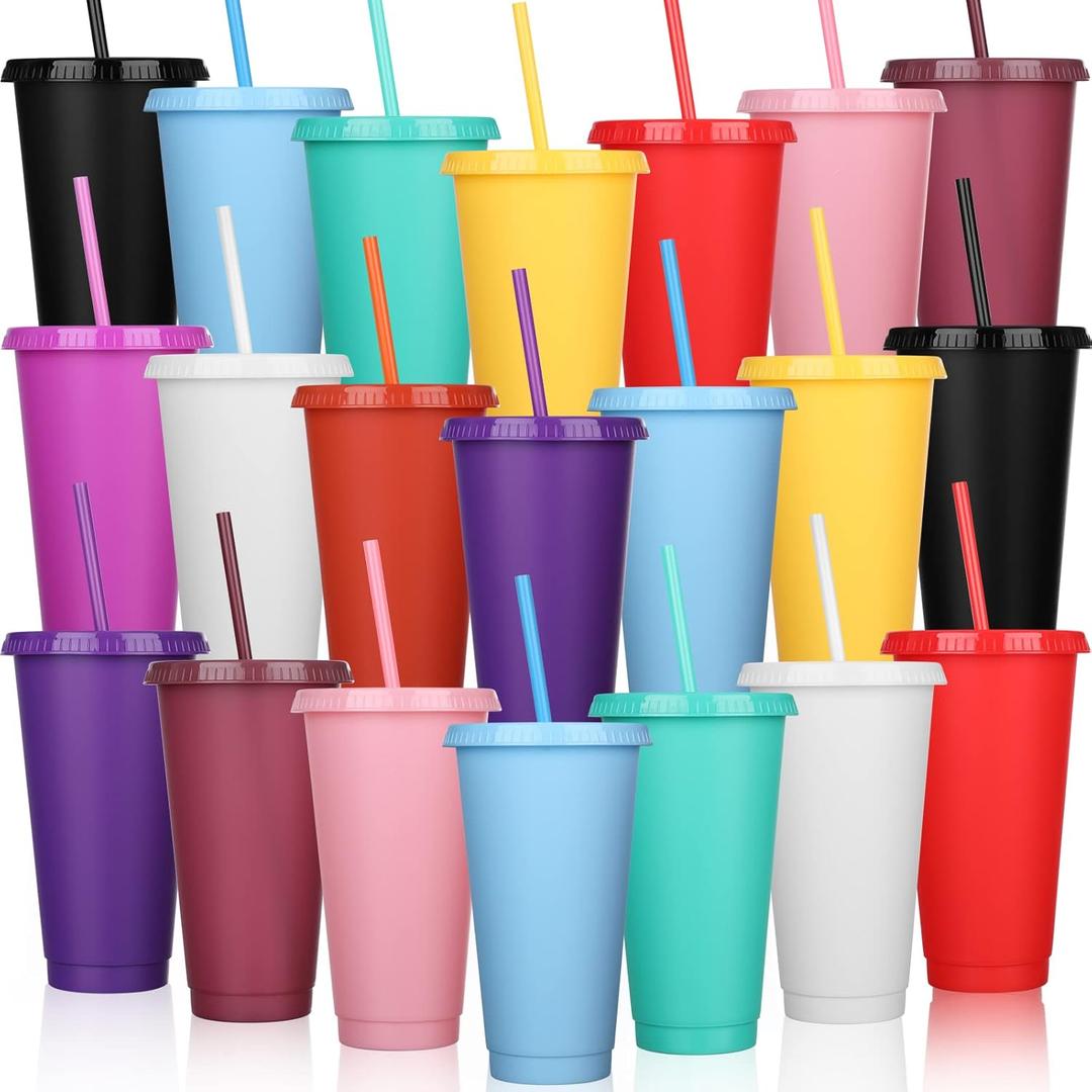 Honeydak 30 Pack Tumbler with Straw and Lid Bulk Water Bottle Iced Coffee Travel Mug Cup Reusable Plastic Cups for Party Birthdays 24-27 oz (Solid Color)