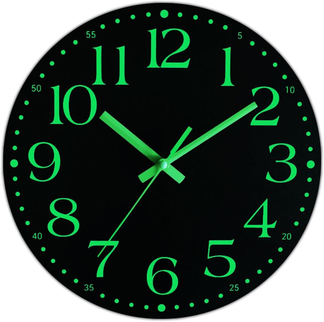 Wall Clock, 12 Inch Battery Operated Glow in Dark Night Light Wall Clock Non-Ticking for Living Room Kitchen Office Bedroom, Large