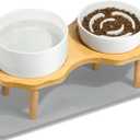 4-in-1 Elevated Dog Bowls Set with Non-Slip Wooden Stand-Ceramic Slow Feeder and Water Bowl-Scratch Resistant Silicone Pad, 27.8 OZ - 850 ML/1 Cup 8 OZ Two Pet Bowl for Small Medium Large Cat or Dog