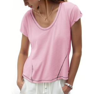 Cicy Bell Womens Cropped Scoop Neck Tshirts Summer Cap Short Sleeve Exposed Seam Tops Casual Loose Fit Cotton Tee Shirts (Pink, M)