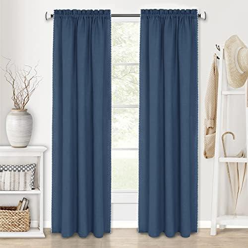 ACHIM Kendal Rod Pocket Window Curtain 1 Panel - 52 Width, 84 Length, 1.5 Inch Rod Pocket - Blue/White - Soft Light Filtering Fabric with Shell Stitch Embroidery & Machine Washable Home Decor