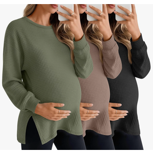 3 Pack Women's Maternity Shirts Long Sleeve Waffle Knit Side Split Oversized Tops Pregnancy Clothes Fall Tees (L, Army Green, Coffee, Black)