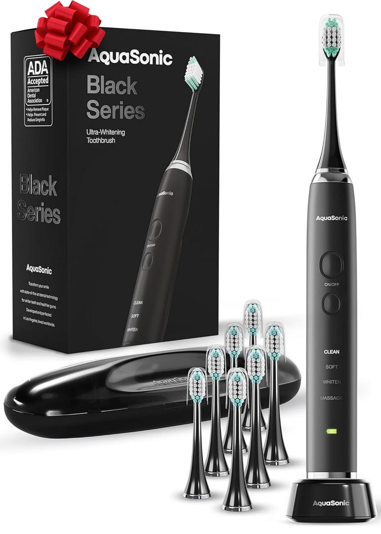 Aquasonic Black Series Ultra Whitening Toothbrush  ADA Accepted Electric Toothbrush- 8 Brush Heads & Travel Case  40,000 VPM Electric Motor & Wireless Charging - 4 Modes w Smart Timer