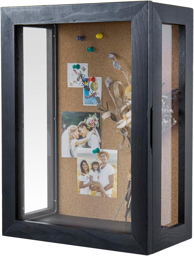 MyGift Deep Shadow Box Frame 11x15 Inch, Wall Mounted Display Case for Flowers, Picture, Vintage Coal Black Finish and Cork Backing, Solid Wood, Clear Acrylic Panels, Hinged Door Magnetic Closure