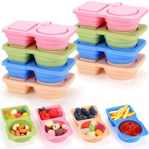 8 Pack Silicone Reusable Snack Containers with Lids - Mini Containers 2 Compartments, Portable Silicone Food Storage Box - for Kids& Adults, BPA-Free & Leakproof, Small for Snacks,School,Office,Picnic