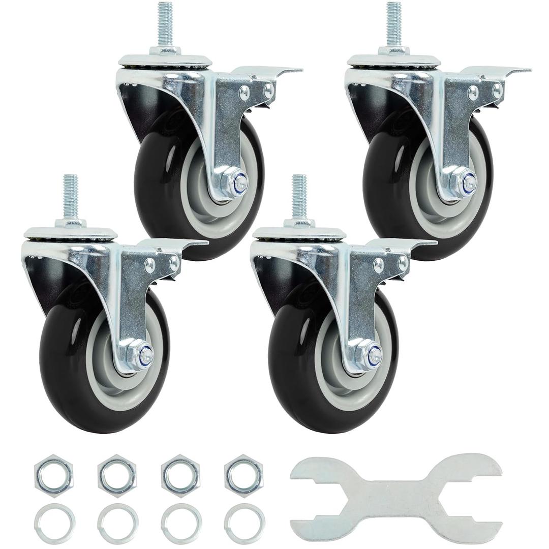 Finnhomy Swivel Caster Wheels 4 Inch Threaded Stem Casters Set of 4 Heavy Duty 3/8"-16 x 1 with Brake Polyurethane Industrial Locking Castors Wheels for Cart/Furniture 2200 Lb Smooth Caster, Black