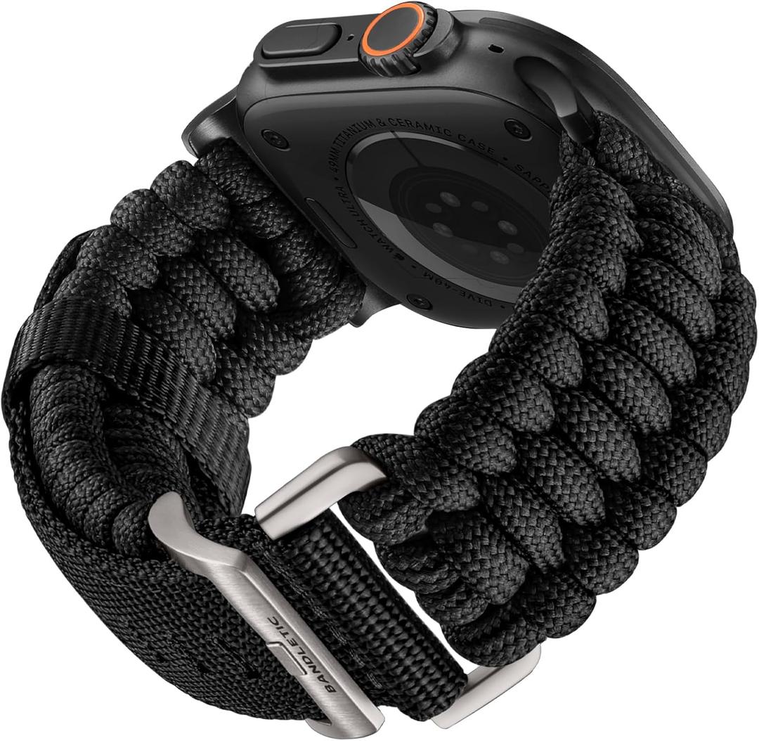 Bandletic Rugged Paracord Band Compatible with Apple Watch Bands Men - Braided Nylon Strap for iWatch Bands 49mm(Ultra3/Ultra2/Ultra), 46mm(Series 11/10),45mm(9/8/7),44mm(SE3/SE2/SE/6/5/4),42mm(3/2/1) (Black)
