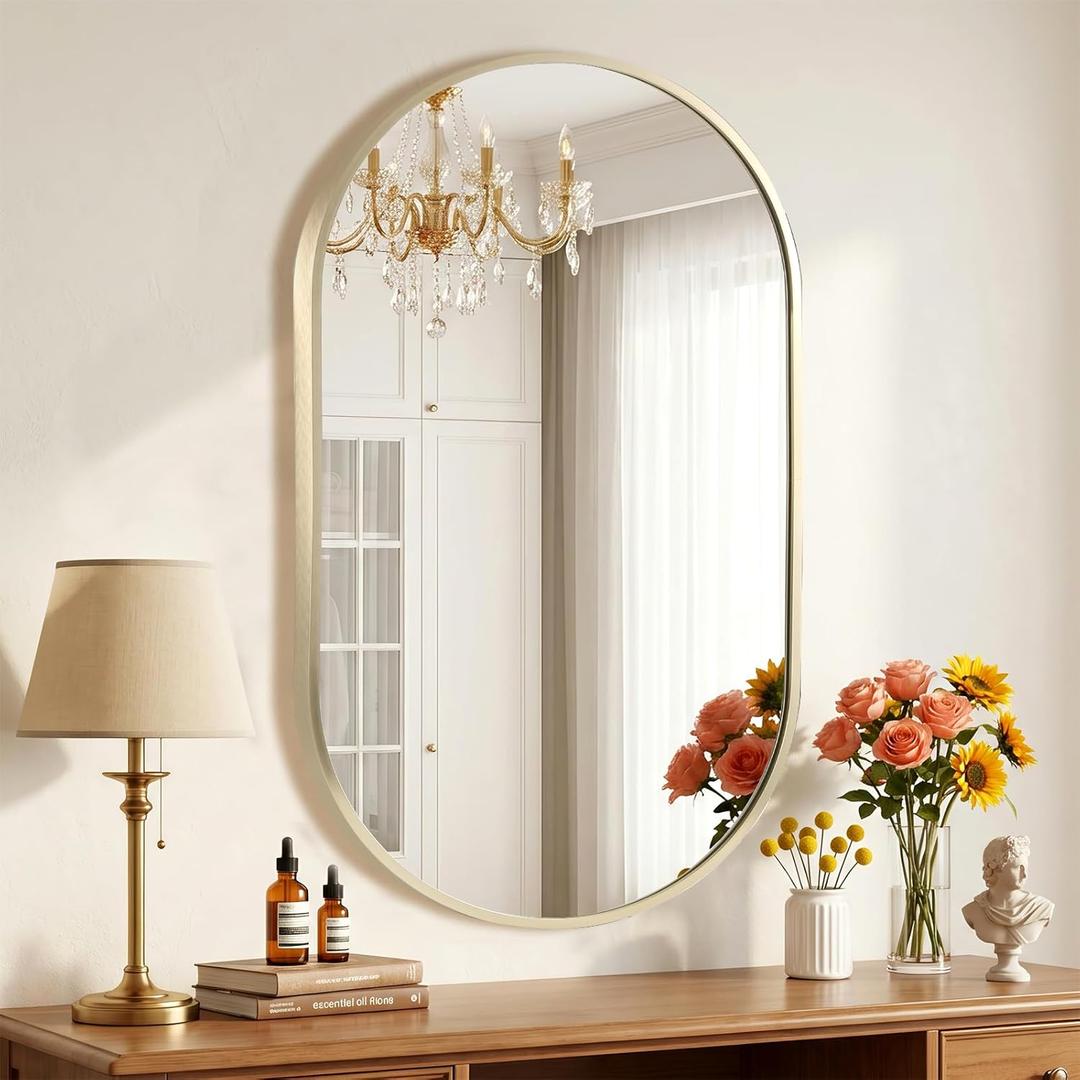 Gold Oval Mirror, 24x36 Inch Oval Bathroom Mirror, Gold Mirror for Wall Decor, Vanity, Entryway, Living Room, Horizontally/Vertically
