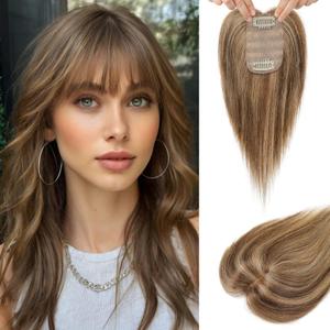 Flufymooz Real Human Hair Toppers for women, 10 Inch Clip in Bangs 100 Human Hair Toppers for Thinning Hair, Cover Hair Topper Hair Pieces with 150% Density Silk Base-Medium Brown with Blonde