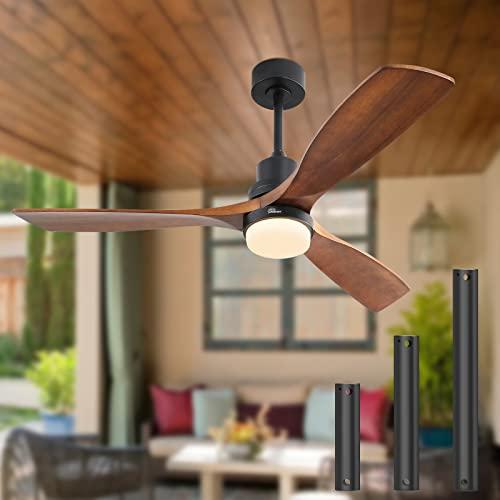 Sofucor 52 inch Solid Wood Ceiling Fan with Lights and Remote, Low Profile Brown Black Ceiling Fan with 3 Downrod, Outdoor Indoor Modern 3 Blade Ceiling Fan for Living Room Bedroom Farmhouse Patio