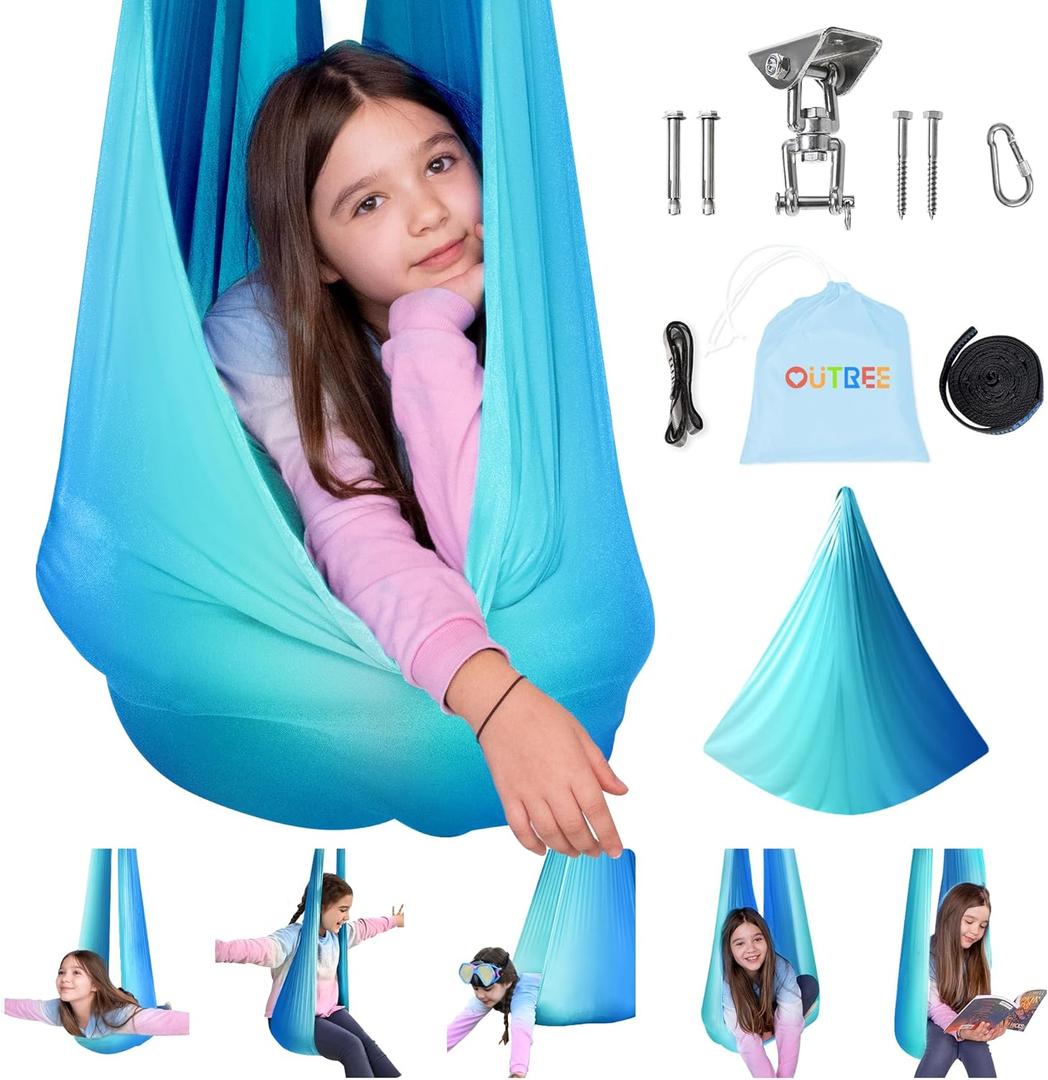 OUTREE Sensory Swing for Kids with 360 Swivel Hanger, Indoor Therapy Swing Great for Autism, ADHD, Sensory Processing Disorder, and Autistic Children (Blue/White)