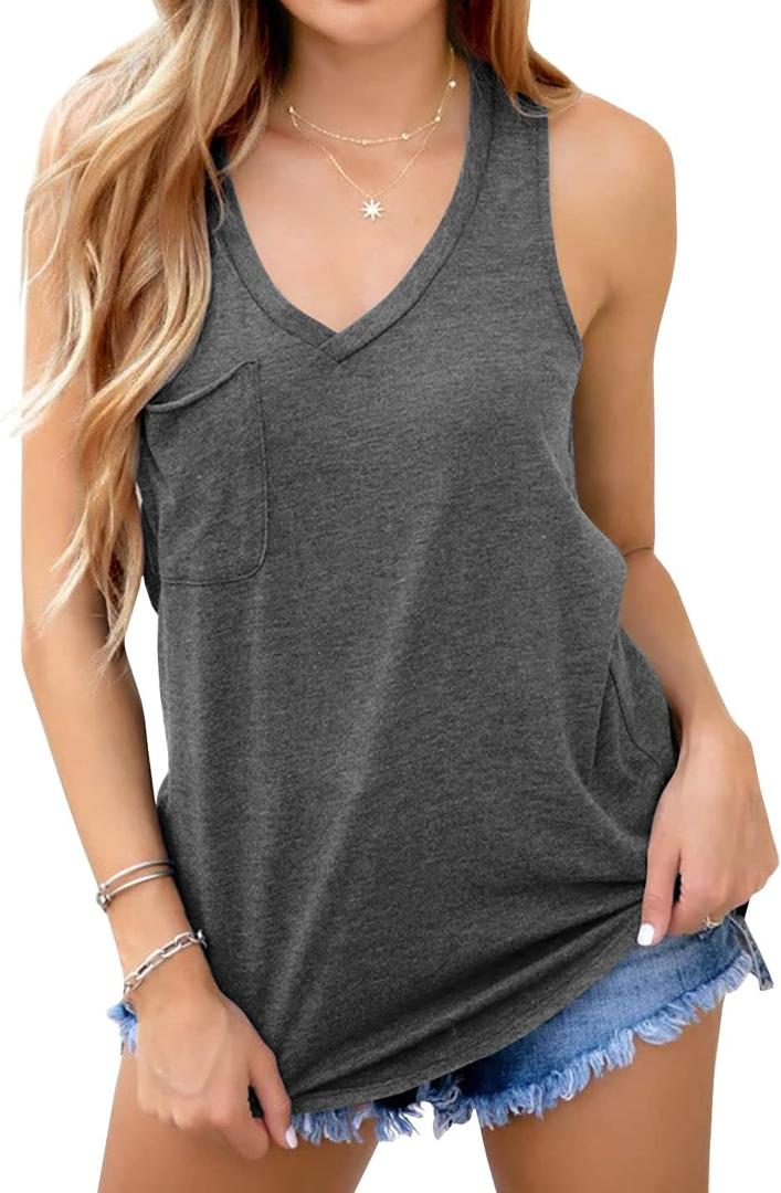 Laseily Women's V Neck Sleeveless Tank Tops Workout Yoga Loose Lightweight Flowy Summer Tee Shirts with Pocket (Grey)