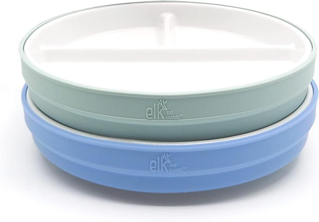 Elk and Friends Kids 6.7 Porcelain Divided Plates with Silicone Sleeves | Suitable for Babies/Kids/Toddlers | Microwave & Dishwasher Safe | Non Slip | Snack Dishes (Sage/Misty Blue)