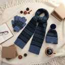 Winter Beanie Hat Scarf Gloves Set for Women Men Warm Hat Long Knit Scarf Glove Cold Weather Winter Gift for Adult (Black, Blue)