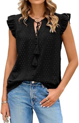 Glamaker Womens Tie Front Summer Tops Dressy Casual Ruffle Short Sleeve Shirts Trendy Blouses for 2025 (Small, Black)