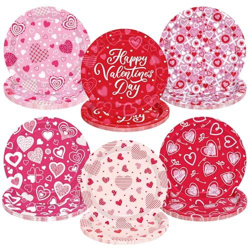 QZYL 48 PCS Valentines Plates, 9 IN Pink Red Color Heart Paper Plates, Round Heart Love Design Valentine's Plate Love Party Plates, Disposable VD Dinnerware for Valentines Anniversaries Wedding
