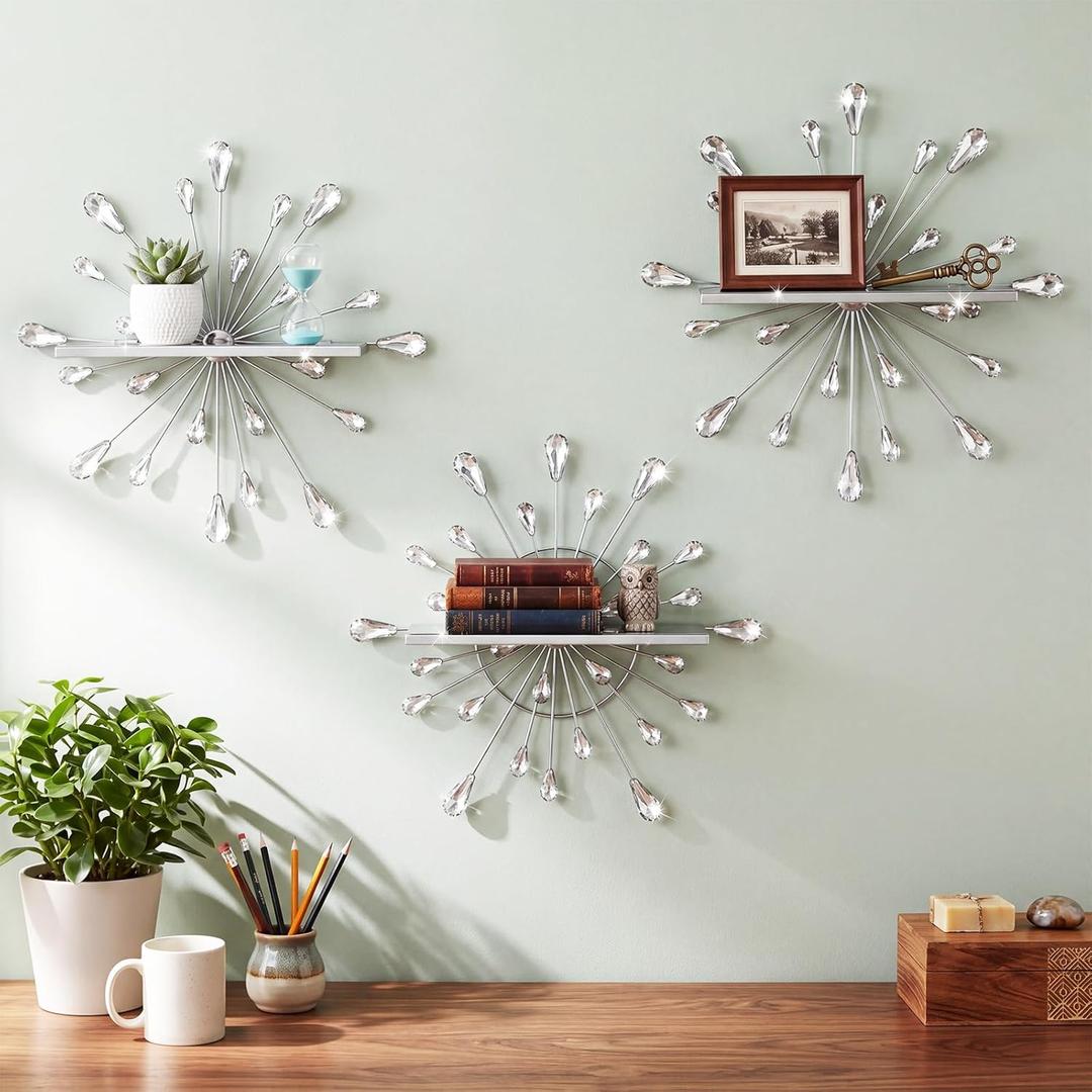 Yaocom 3 Pcs Bling Crystal Floating Shelves Metal Starbursts Wall Decor Folding Shelf Silver Teardrop Corner Shelves Hanging Wall Mounted for Storage Bedroom Living Room Kitchen Office Home Decoration