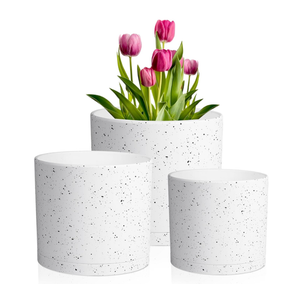 Meowell 8/7/6 inch Flower Pots, 3 Set Cylindrical Plant Pots for Outdoor Indoor Plants, Decorative Plastic Planters with Drainage Holes and Saucers for Garden House Plants, White with Black Speckles