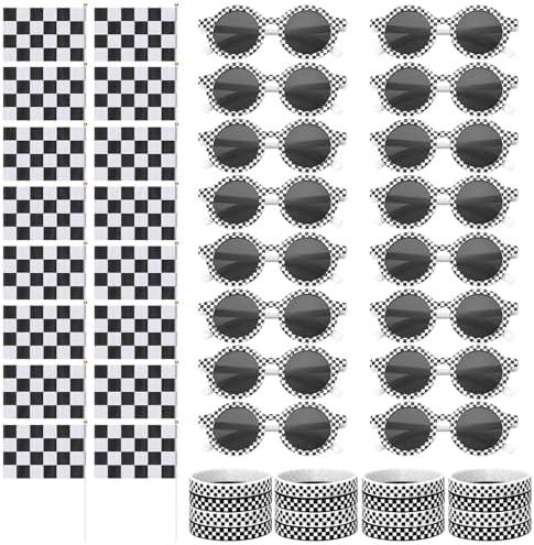 JATEBI 48 Pack Race Car Sunglasses Wristbands Stick Flags for Kids Racing Theme Party Favors Set Black and White Checker Sunglasses Silicone Bracelets Flags for Race Theme Birthday Halloween Supplies