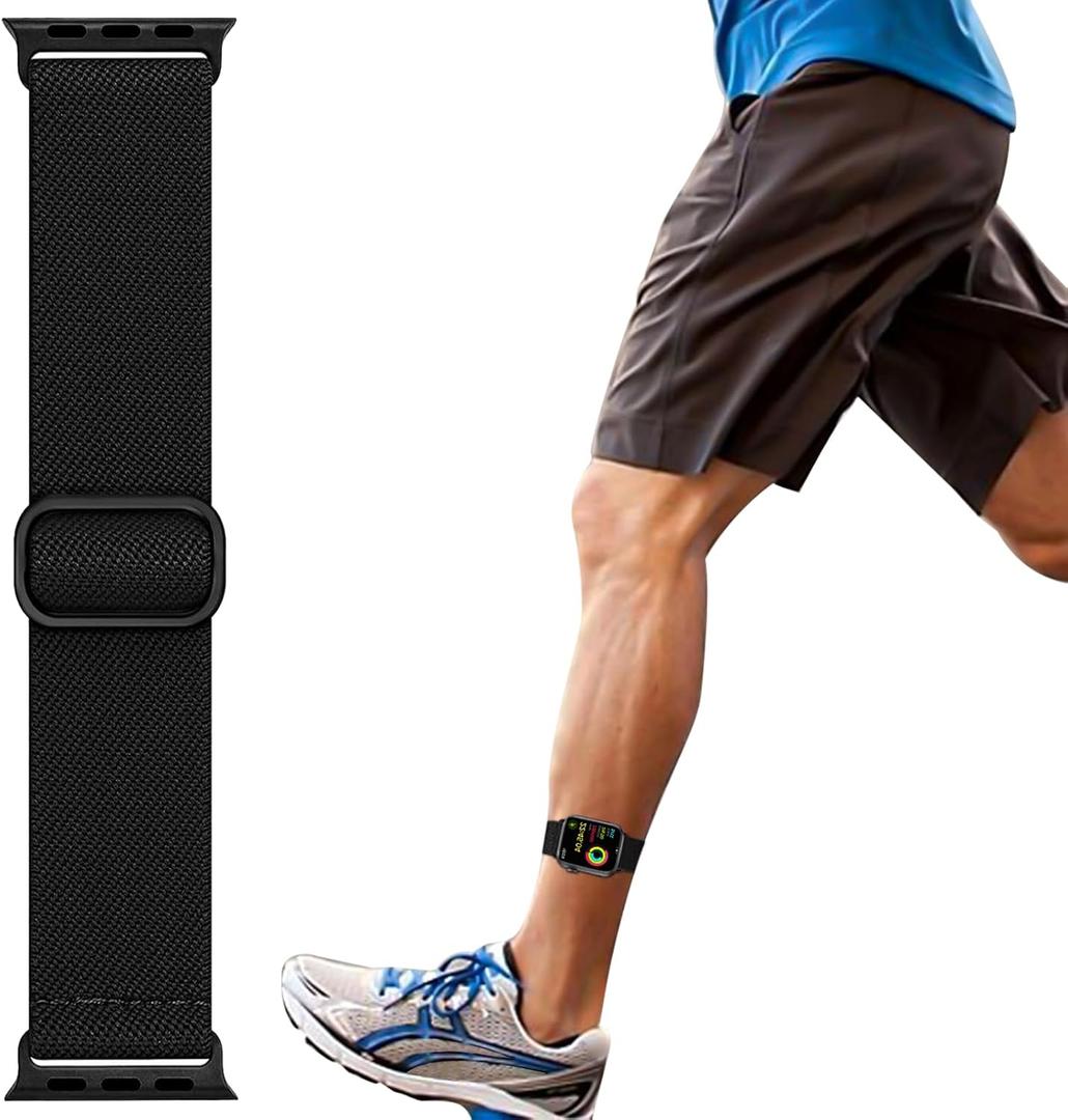 Elastic Ankle/Arm Band Compatible with Apple Watch 49mm 46mm 45mm 44mm 42mm 41mm 40mm 38mm, Breathable Nylon Armband for IWatch Ultra SE Series 11 10 9 8 7 6 5 4 3 2 1, Sport Ankle Strap for Women Men (Black)