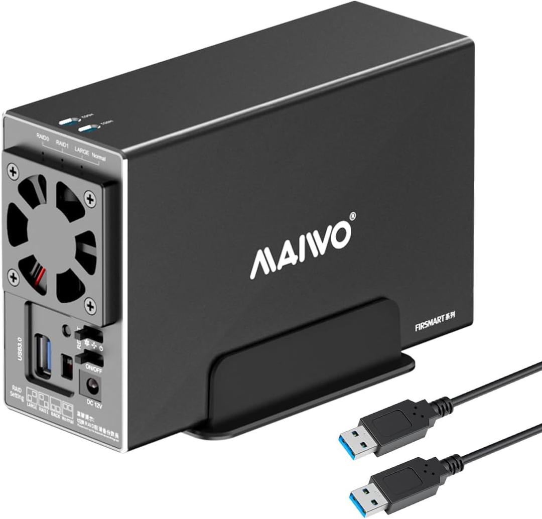MAIWO Dual Bay Hard Drive RAID Enclosure with Cooling Fan for 2.5/3.5 inch SATA SSD/HDD, 5Gbps USB 3.0 HDD Enclosure, 48TB Capacity, RAID 0/1/JBOD/PM, Aluminum Case