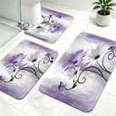 Onalasyc Bathroom Rug Sets 3 Piece,Purple Daisy Floral Butterfly Bath Mat, three sizes: small bath mat:23.62"L×16.93"W, large bath mat: 31.5"L×19.69"W, and u-shaped toilet mat: 19.69"L×23.62"W
