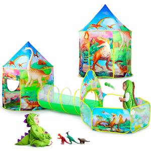GeerWest 3PC Dinosaur Tent for Girls with Kids Ball Pit, Kids Play Tents and Crawl Tunnel for Toddlers, Pink Pop Up Playhouse Toys for Baby Indoor& Outdoor Tent Games, Birthday Kids Gifts