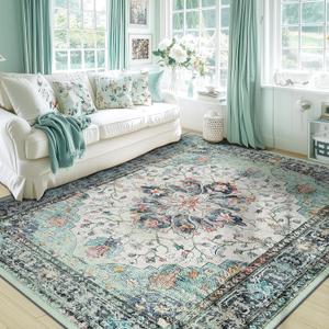 Area Rugs 5'x7' Washable Non-Slip, Floral Vintage Distress Print Pattern Medallion Carpet for Living Room Bedroom Dining Room, Green Teal Colorful (Teal Green/White/Blue/Navy/Red)