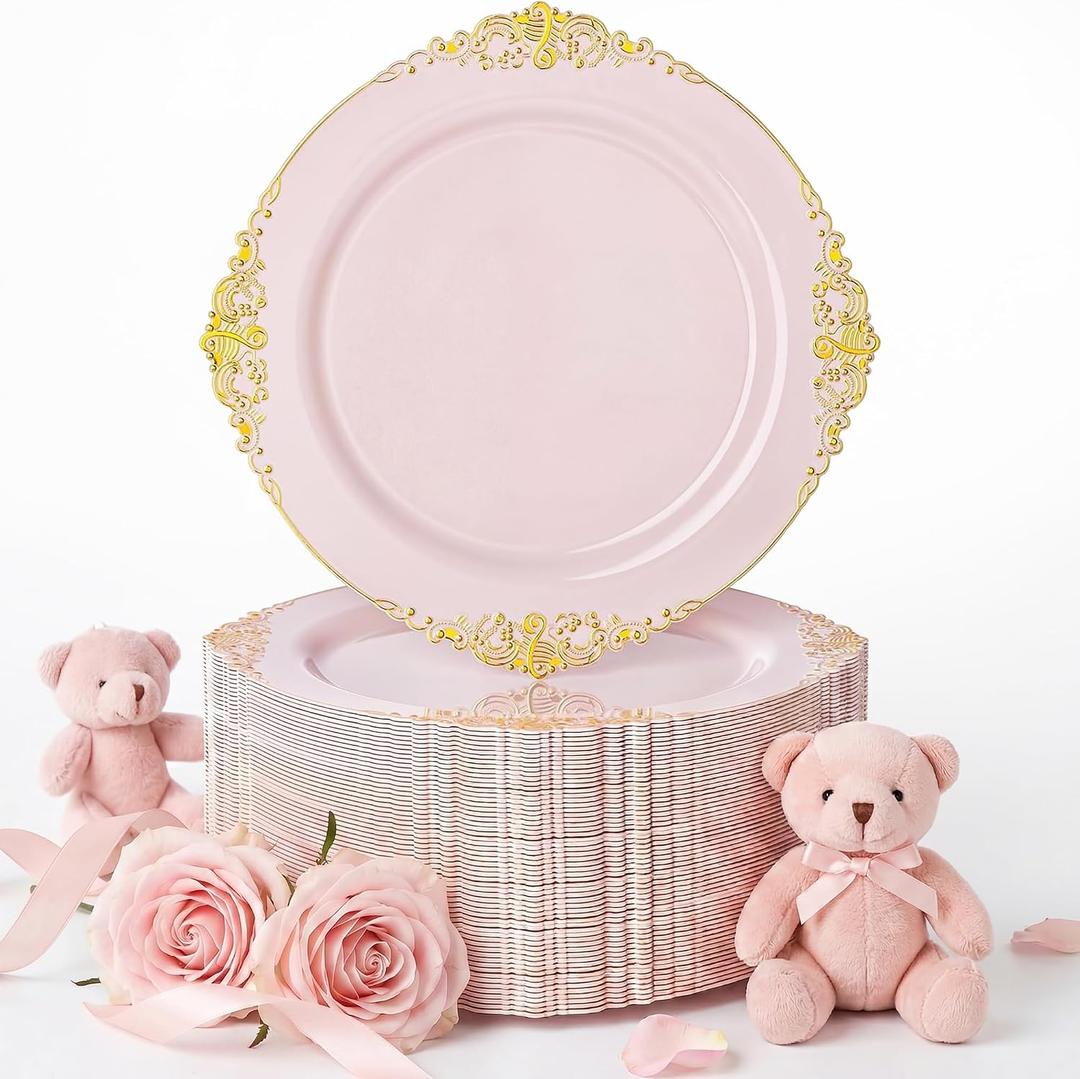 Nervure 100PCS Pink and Gold Plastic Plates - 10.25Inch Pink Disposable Plates - Plastic Dinner Plate for Weddings & Parties & Mothers Day