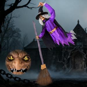 JOYIN 8FT Flying Witch Halloween Decorations Outdoor Animatronics Halloween Witch Decor Floating Witch on Broom with IR Sensor and LCD Eyes, Scary Haunted House Prop for Indoor or Covered Outdoor