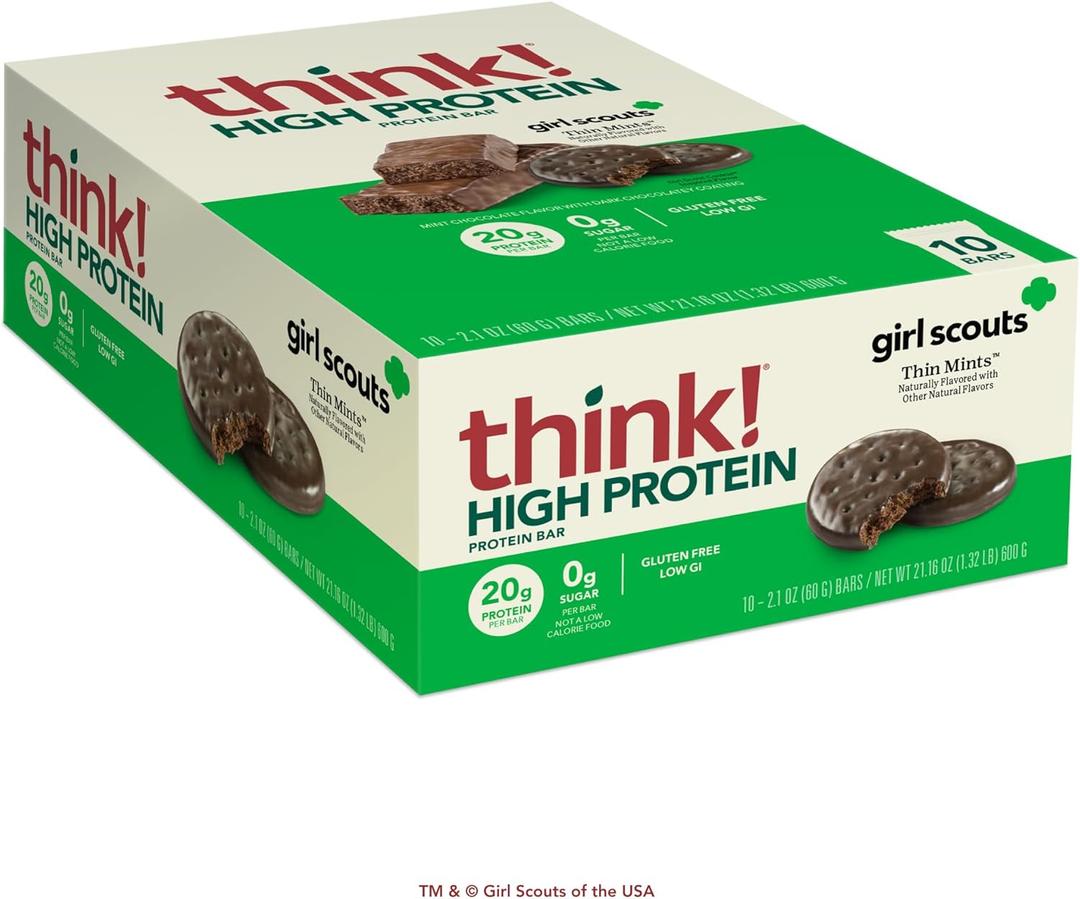 think! Protein Bars, High Protein Snacks, Gluten Free, Kosher Friendly, Girl Scouts Thin Mint, Nutrition Bars, 2.1 Oz per Bar, 10 Count (Packaging May Vary) (EXP 11/17/26)