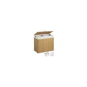 Greenstell Laundry Hamper with lid, No Install Needed, 130L Wicker Laundry Baskets Foldable 2 Removable Liner Bags, 2 Section Clothes Hamper Handwoven Rattan Laundry Basket with Handles, Natural
