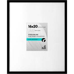 Americanflat 16x20 Picture Frame with Polished Plexiglass - Use as 6x8 Frame with Mat or Display 16x20 Photo Without Mat - Streamline Collection - Thin Border Picture Frames for Wall - Black
